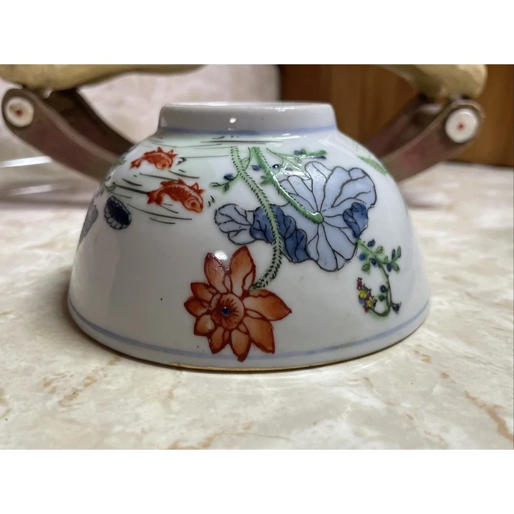 Vintage Chinese Koi Fish Ceramic Bowl - Fish Pond w/ Orange‎ Blue Flowers